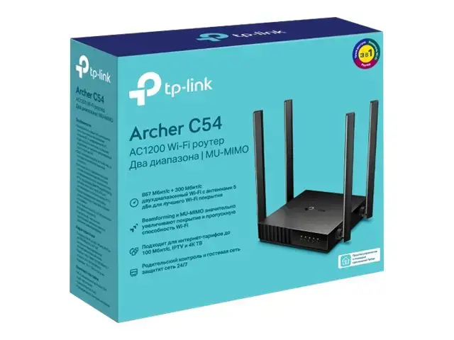 TP-Link Archer C54, "Wi-Fi 5" (802.11ac), dviejų dažnių (2,4 GHz / 5 GHz), Ethernet LAN, 4G, juodas, stalinis maršrutizatorius
