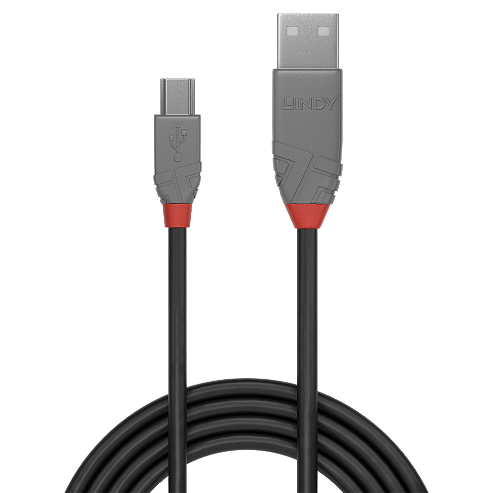 Lindy 1m USB 2.0 Type A to Mini-B Cable, Anthra Line, 1 m, USB A, Mini-USB B, USB 2.0, 0.48 Gbit/s, Black, Grey