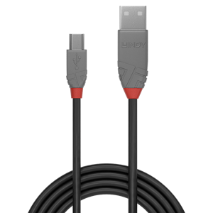 Lindy 1m USB 2.0 Type A to Mini-B Cable, Anthra Line, 1 m, USB A, Mini-USB B, USB 2.0, 0.48 Gbit/s, Black, Grey