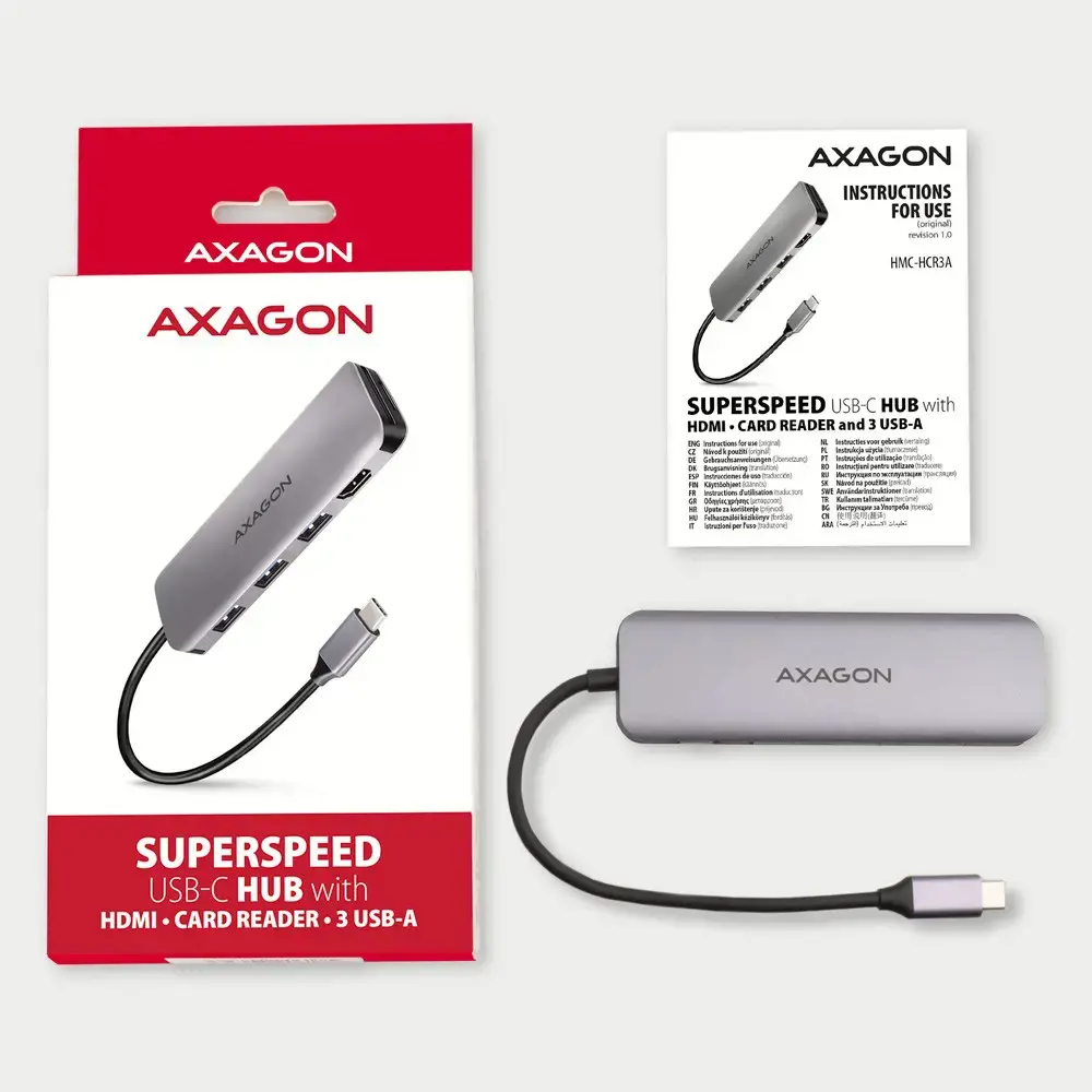 "Axagon" kelių prievadų USB 3.2 Gen 1 šakotuvas. HDMI, kortelių skaitytuvas ir trys USB-A išvestys. USB-C 20 cm ilgio kabelis.