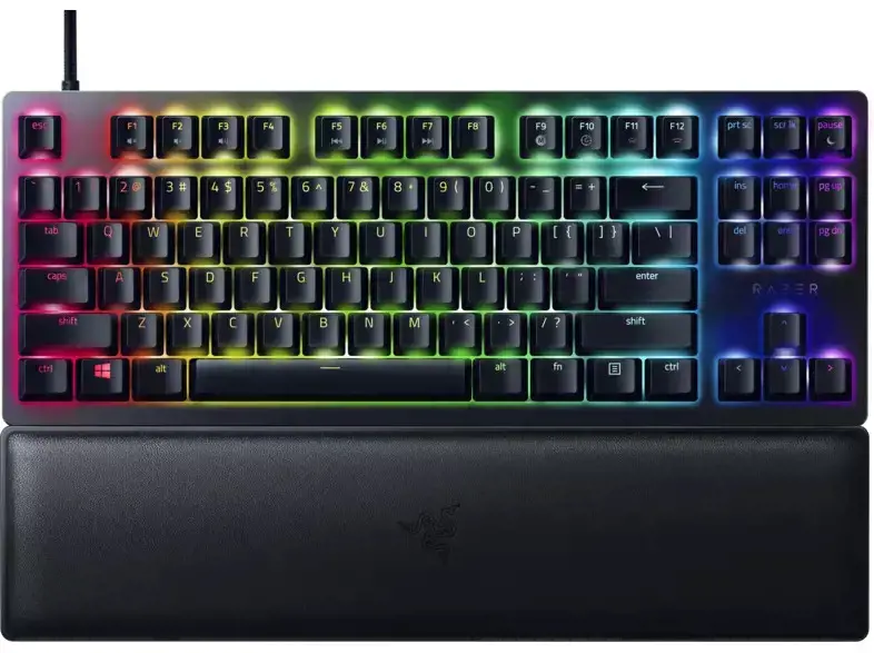 "Razer Huntsman V2 Tenkeyless", optinė žaidimų klaviatūra, RGB LED apšvietimas, šiaurietiška, juoda, laidinė, "Clicky Purple" jungiklis