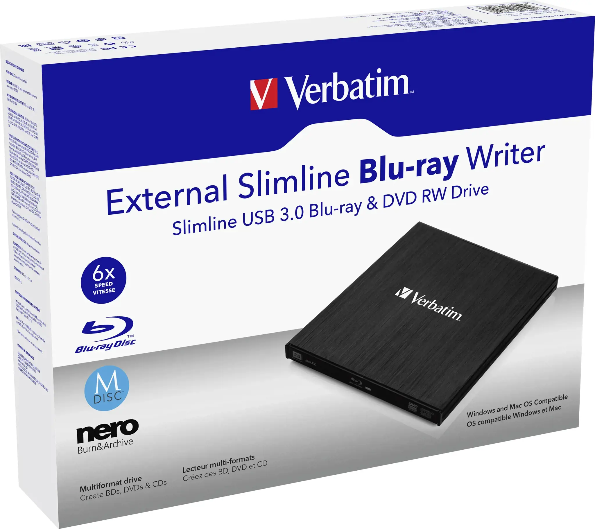 "Verbatim" išorinis plonas, juodas, lizdas, stalinis / nešiojamasis kompiuteris, "Blu-Ray RW", USB 3.2 Gen 1 (3.1 Gen 1), 145 mm