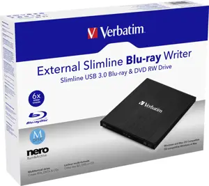 "Verbatim" išorinis plonas, juodas, lizdas, stalinis / nešiojamasis kompiuteris, "Blu-Ray RW", USB 3.2 Gen 1 (3.1 Gen 1), 145 mm