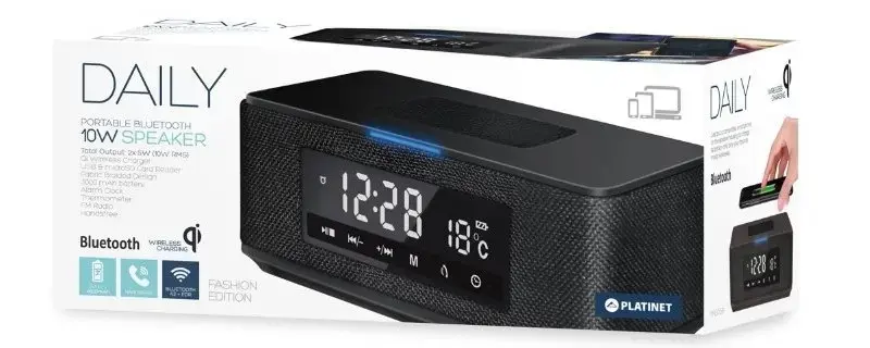 Platinet belaidis garsiakalbis + radijo laikrodis + Qi įkroviklis "Daily PMGQ15B", juodas