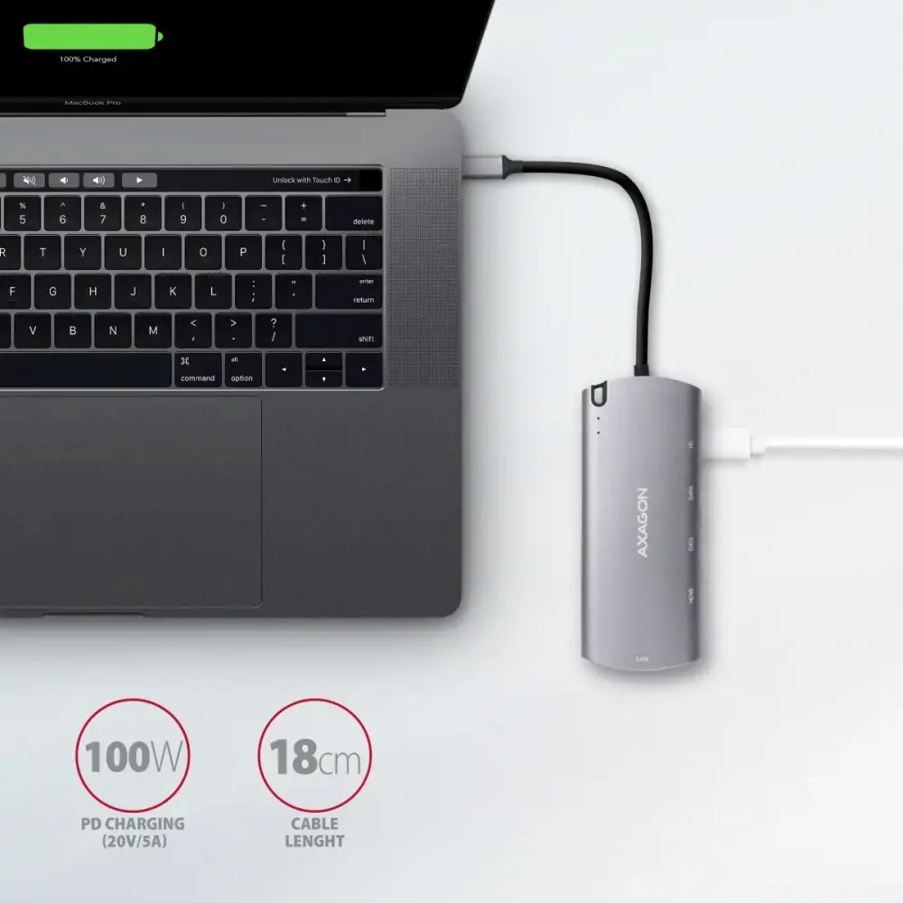 Axagon HMC-6M2 SUPERSPEED USB-C COMBO 6IN1 HUBMultiport USB 3.2 Gen 1 šakotuvas. SATA M.2, HDMI, Gigabit LAN ir Power Delivery. Kabelis USB-C 18 cm.