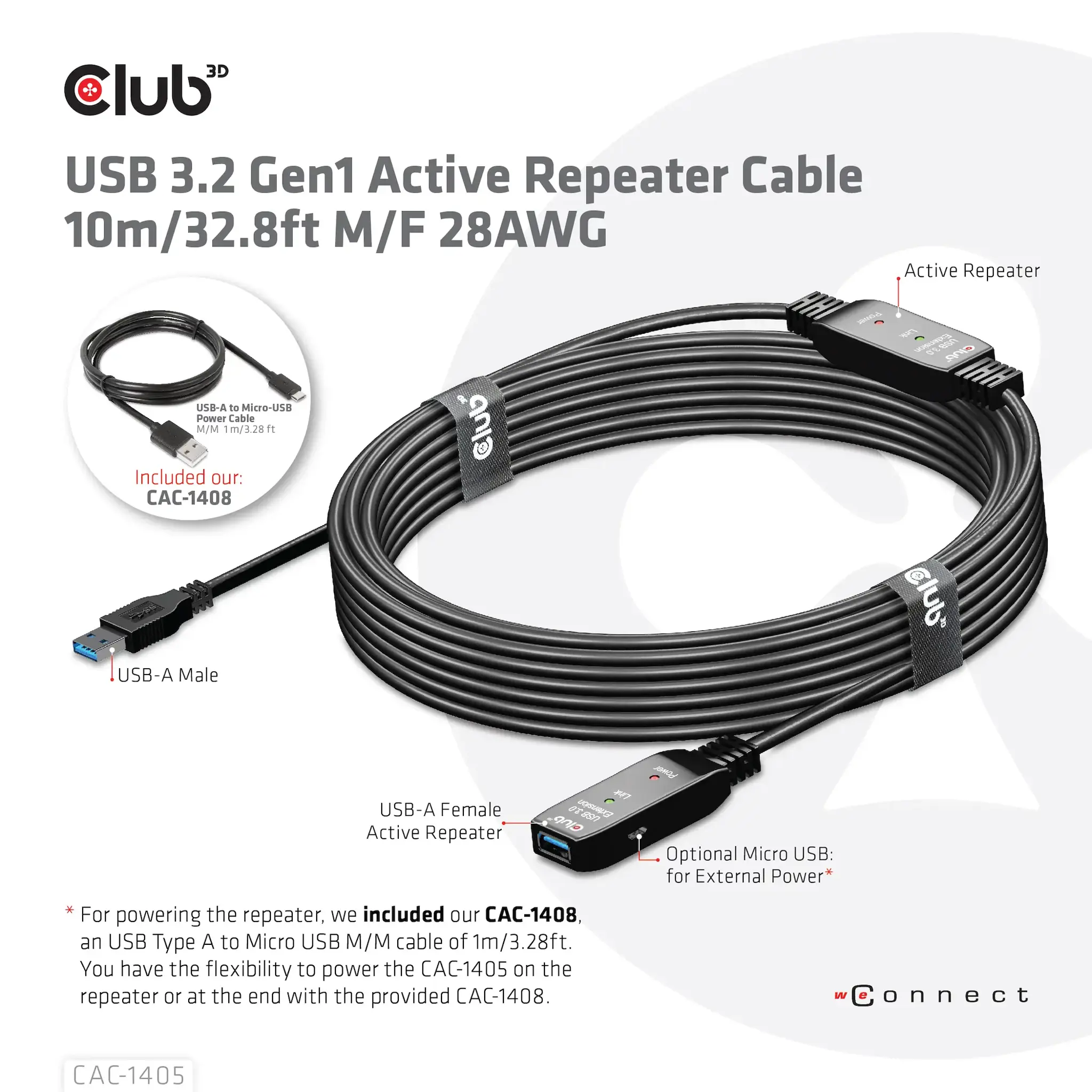 CLUB3D USB 3.2 Gen1 Active Repeater Cable 10m / 32.8ft M/F 28AWG, 10 m, USB A, USB A, USB 3.2 Gen 2 (3.1 Gen 2), Black