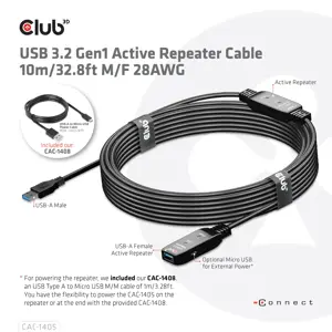 CLUB3D USB 3.2 Gen1 Active Repeater Cable 10m / 32.8ft M/F 28AWG, 10 m, USB A, USB A, USB 3.2 Gen 2 (3.1 Gen 2), Black