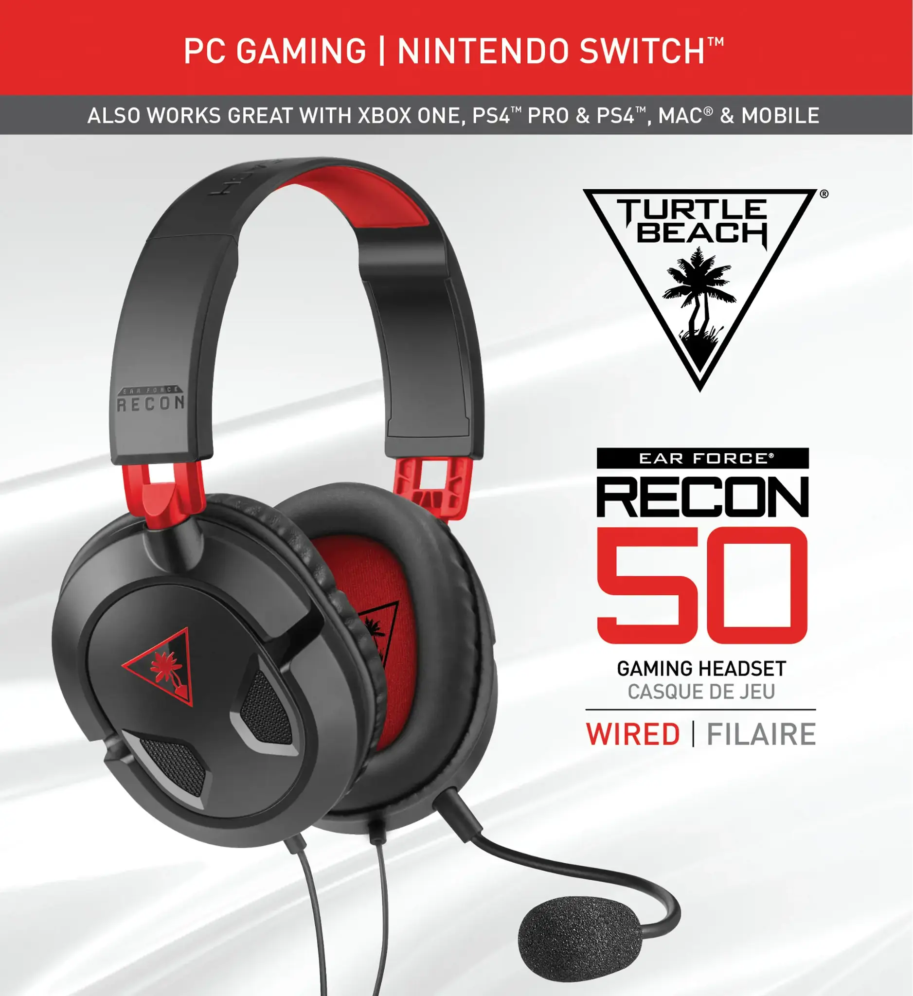 Turtle Beach Recon 50 Gaming Headset for PC and Mac, Wired, Gaming, 20 - 20000 Hz, 530.7 g, Headset, Black, Red