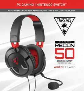 Turtle Beach Recon 50 Gaming Headset for PC and Mac, Wired, Gaming, 20 - 20000 Hz, 530.7 g, Headset, Black, Red