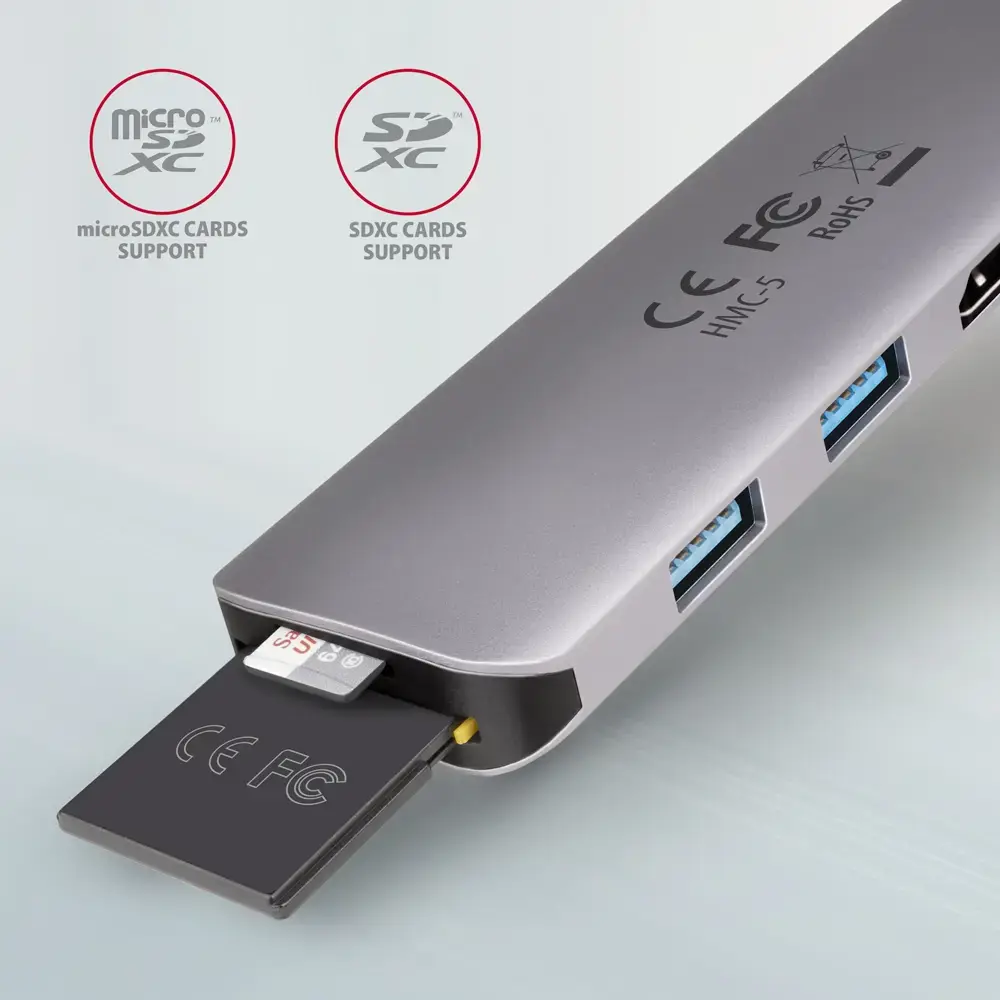 Daugiaportis USB 3.2 Gen 1 šakotuvas. HDMI, kortelių skaitytuvas ir "Power Delivery". 20 cm ilgio USB-C kabelis.