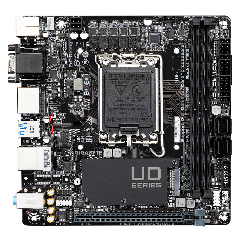 GIGABYTE H610I Motherboard - Supports Intel Core 14th CPUs, 4+1+1 Hybrid Digital VRM, up to 5600MHz DDR5, 1xPCIe 3.0 M.2, GbE LAN, USB 3.2 Gen 1, Intel, LGA 1700, Intel® Celeron®, Intel® Core™ i3, Intel® Core™ i5, Intel® Core™ i7, Intel® Core™ i9, Intel Pentium G, LGA 1700, 64 GB, DDR5-SDRAM
