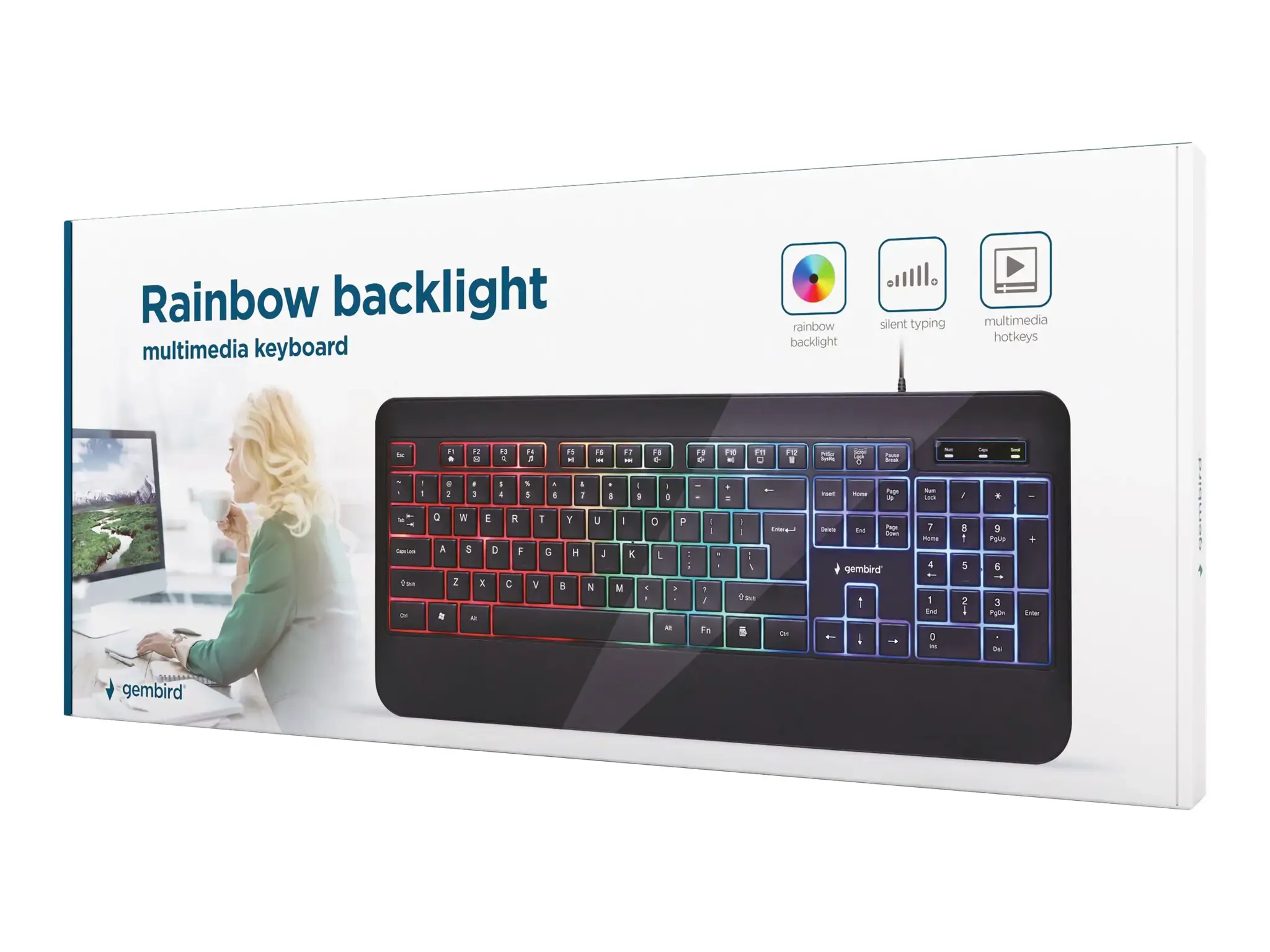 GEMBIRD KB-UML-03 Slim Rainbow backlight multimedijos klaviatūra, juoda, JAV išdėstymo