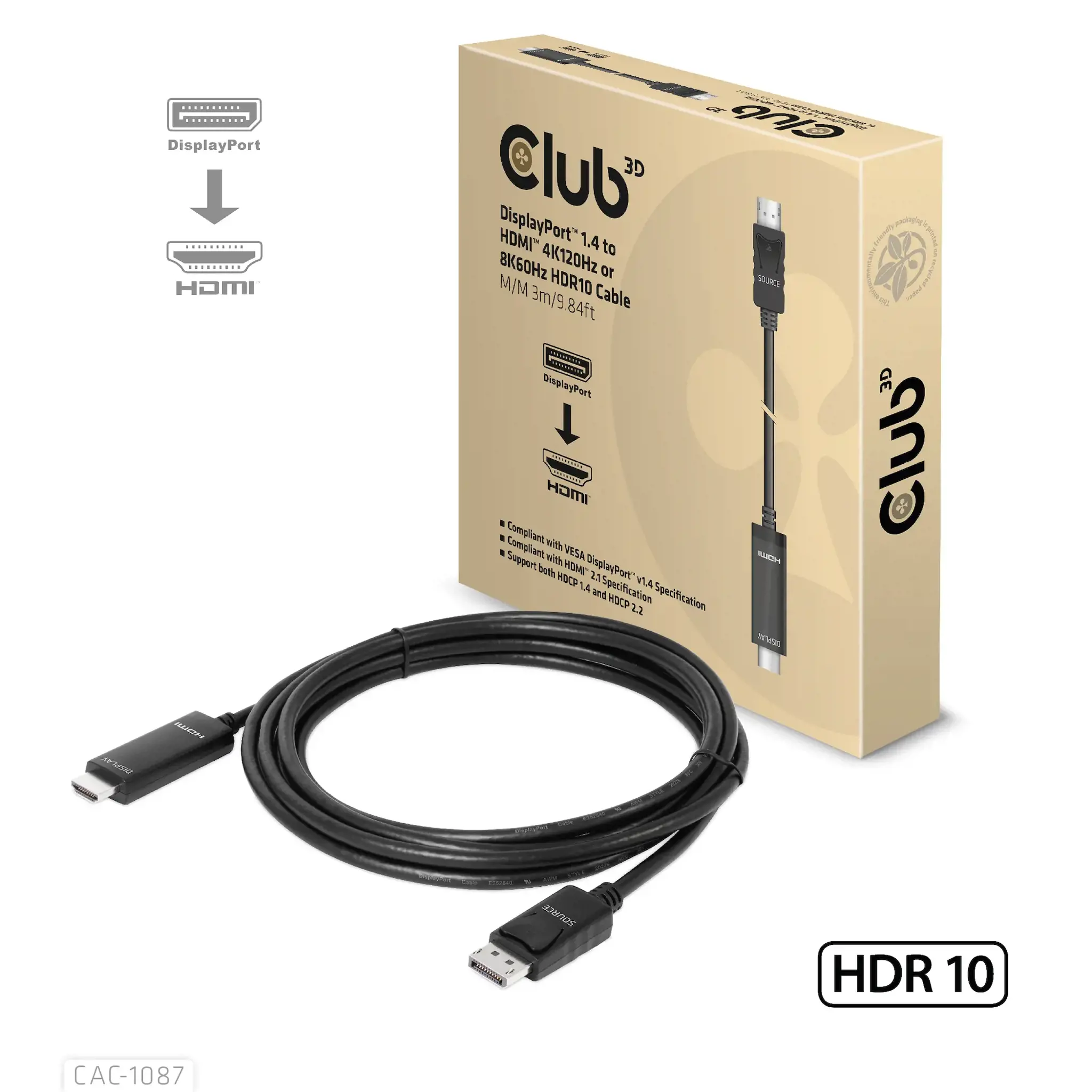 CLUB3D DisplayPort 1.4 to HDMI 4K120Hz or 8K60Hz HDR10 Cable M/M 3m/9.84ft, 3 m, DisplayPort, HDMI, Male, Male, Straight