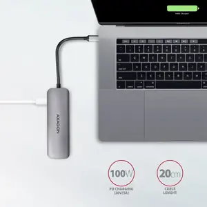 Daugiaportis USB 3.2 Gen 1 šakotuvas. HDMI, kortelių skaitytuvas ir "Power Delivery". 20 cm ilgio USB-C kabelis.