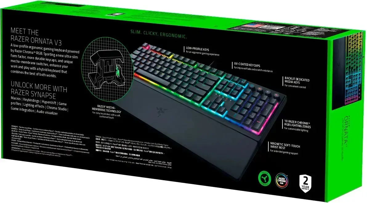 "Razer" žaidimų klaviatūra "Ornata V3" su RGB LED apšvietimu, NORD, laidinė, juoda, "Razer Mecha-Membrane", skaitmeninė klaviatūra