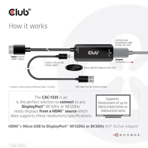 CLUB3D HDMI + Micro USB to DisplayPort™ 4K120Hz or 8K30Hz M/F Active Adapter, 1 m, HDMI + USB, DisplayPort, Male, Female