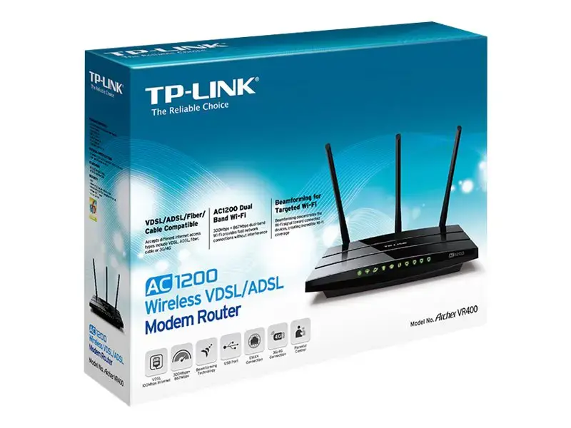 TP-Link AC1200 belaidis MU-MIMO VDSL/ADSL modeminis maršrutizatorius, "Wi-Fi 5" (802.11ac), dviejų dažnių (2,4 GHz / 5 GHz), Ethernet LAN, ADSL, juodas, stalinis maršrutizatorius