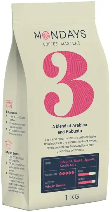 Kavos pupelės MONDAYS Nr.3, Arabica and Robusta, 1 kg