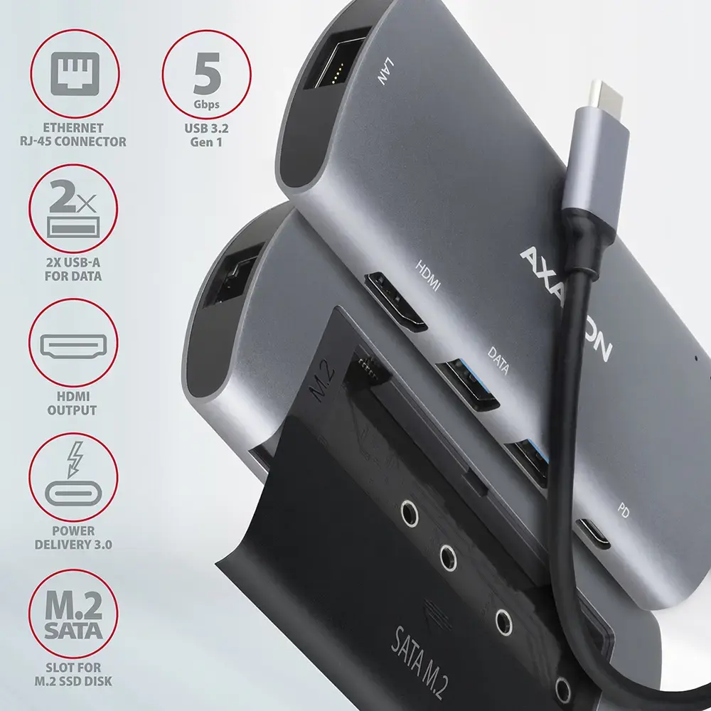 Axagon HMC-6M2 SUPERSPEED USB-C COMBO 6IN1 HUBMultiport USB 3.2 Gen 1 šakotuvas. SATA M.2, HDMI, Gigabit LAN ir Power Delivery. Kabelis USB-C 18 cm.