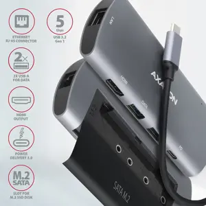 Axagon HMC-6M2 SUPERSPEED USB-C COMBO 6IN1 HUBMultiport USB 3.2 Gen 1 šakotuvas. SATA M.2, HDMI, Gigabit LAN ir Power Delivery. Kabelis USB-C 18 cm.