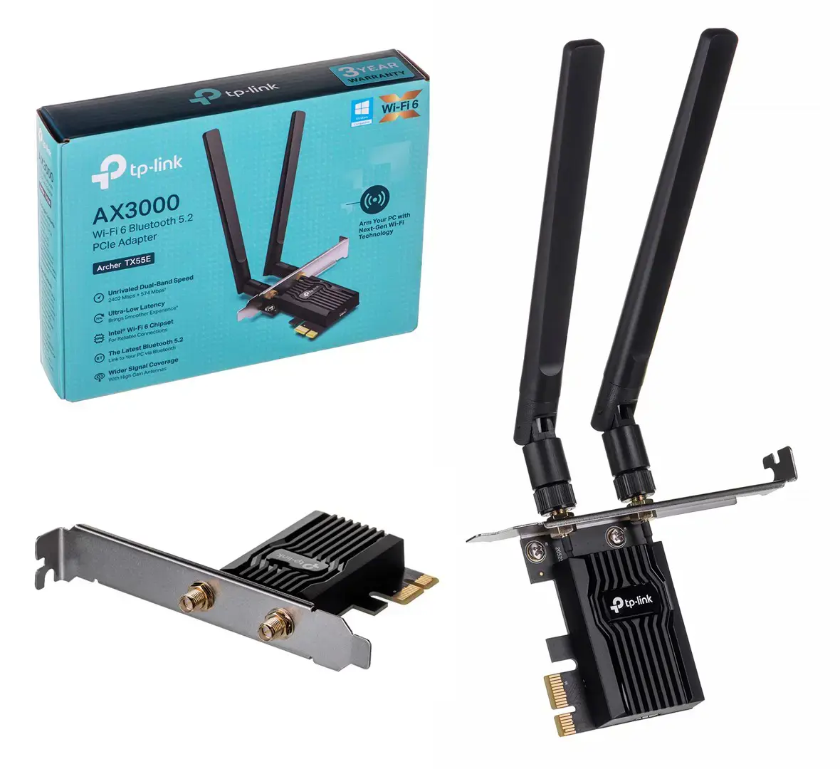 TP-Link ARCHER TX55E, belaidis, PCI Express, WLAN / "Bluetooth", "Wi-Fi 6" (802.11ax), 2402 Mbps, juodas
