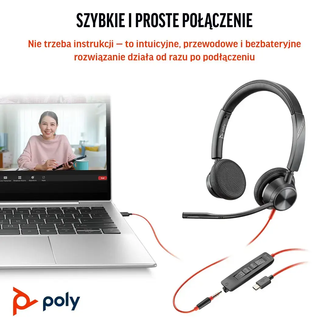 POLY Blackwire 3325 Stereo Microsoft Teams Certified USB-C Headset +3.5mm Plug +USB-C/A Adapter, Wired, Office/Call center, 131 g, Headset, Black