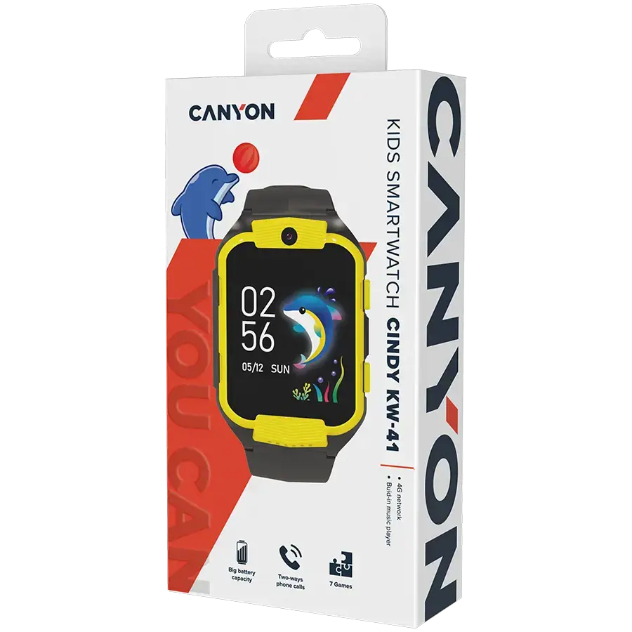 CANYON Cindy KW-41, 1,69'' IPS spalvotas ekranas 240*280, ASR3603C, Nano SIM kortelė, 192+128MB, GSM(B3/B8), LTE(B1.2.3.5.7.8.20) 680 mAh baterija, integruota TF kortelė: 512MB, geltona, šeimininkas: 53,3*42,3*14,5 mm, dirželis: 230*20 mm, 36 g
