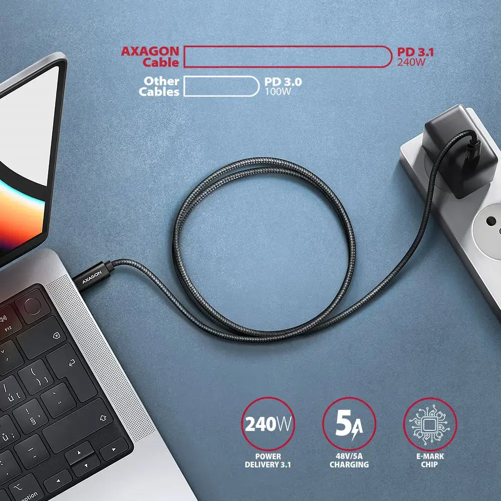 Axagon Data and charging USB 480Mbps cable length 3 m. PD 240W, 5A. Black braided.