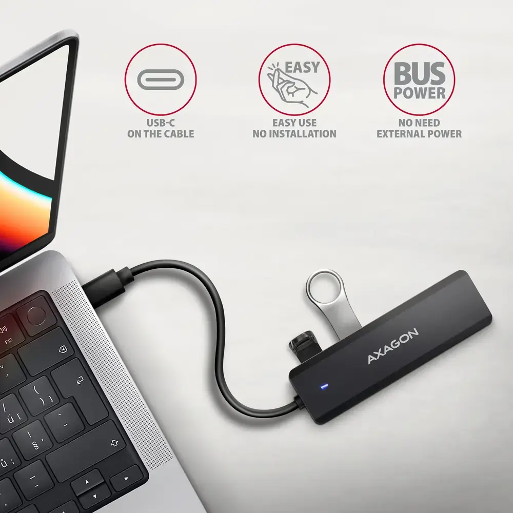 AXAGON HUE-C1C 4x USB3.2 Gen 1 Travel hub, USB-C power IN, w. 20cm Type-C cable