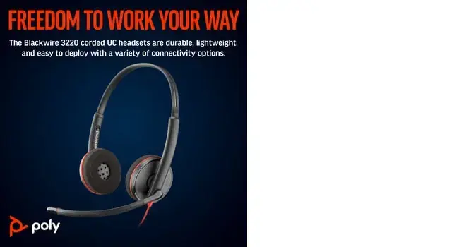 POLY Blackwire 3220 Stereo USB-C Headset +USB-C/A Adapter, Wired, Business/Everyday, 119 g, Headset, Black