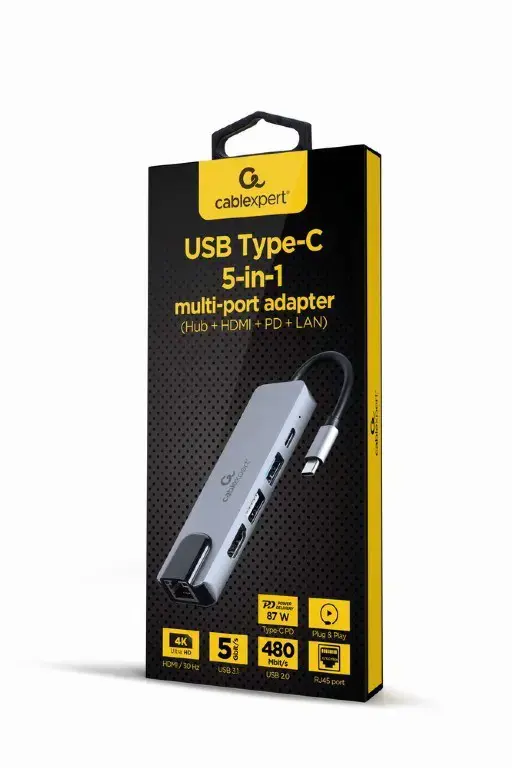 GEMBIRD A-CM-COMBO5-04 kelių prievadų adapteris USB tipo C 5in1 šakotuvas + HDMI + PD + LAN