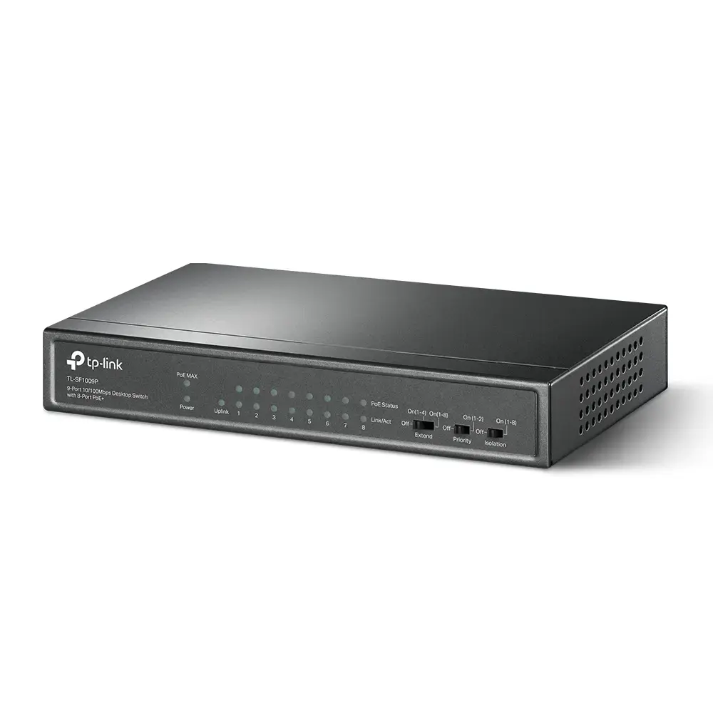 "TP-Link" 9 prievadų 10/100 Mbps stalinis komutatorius su 8 prievadais PoE+, nevaldomas, Fast Ethernet (10/100), maitinimas per Ethernet (PoE)