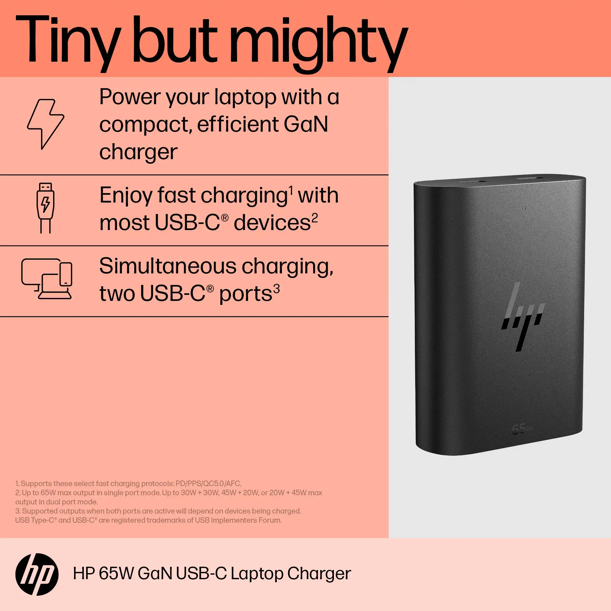HP 65W GaN USB-C nešiojamojo kompiuterio įkroviklis, vidinis, USB, 1 m, juodas
