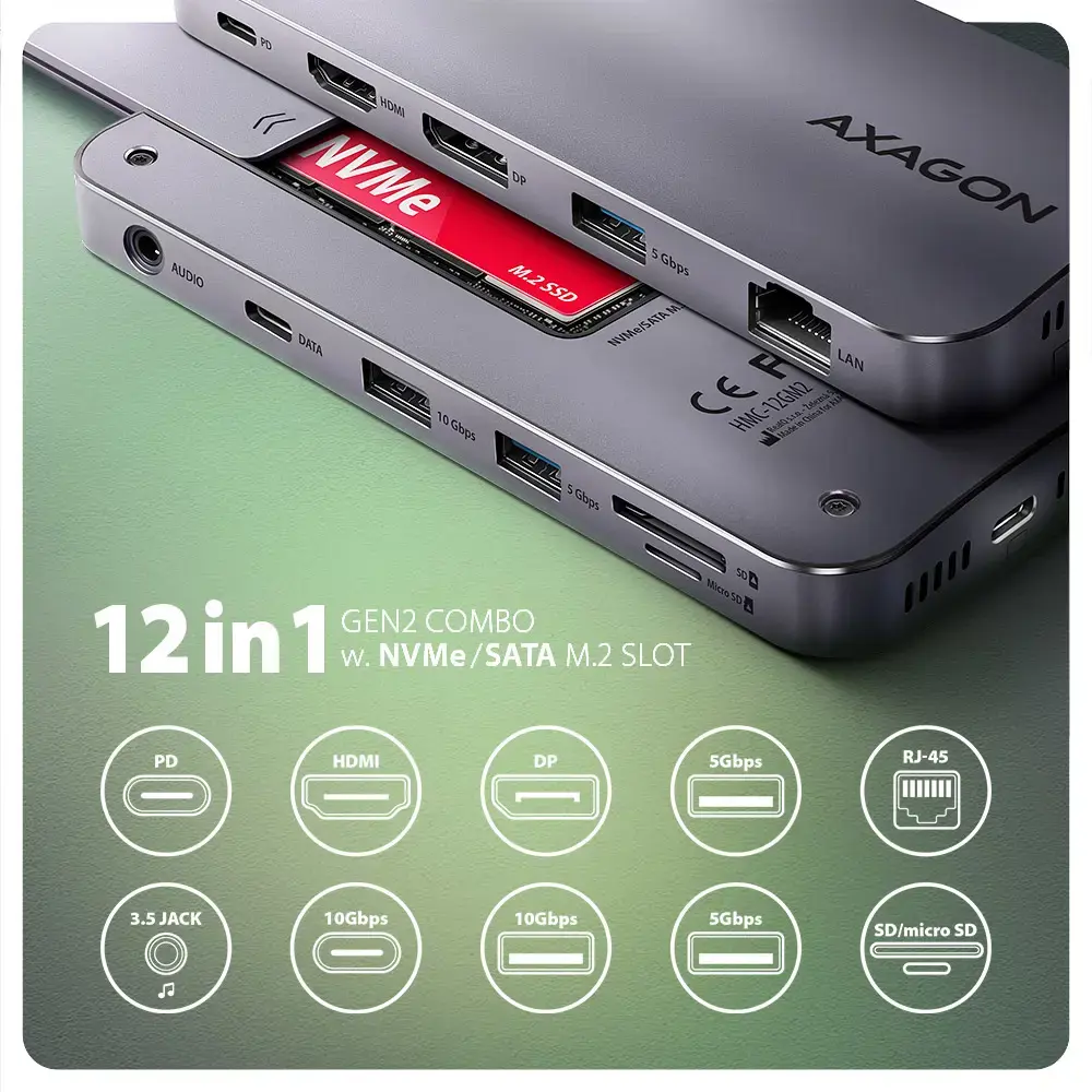 AXAGON Multiport USB-C 10Gbps hub. NVMe/SATA M.2, HDMI and DisplayPort. Cable USB-C 50 cm.