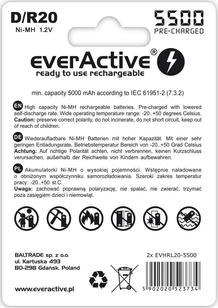 Įkraunamos baterijos everActive R20/D Ni-MH 5500 mAh paruoštos naudoti