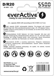 Įkraunamos baterijos everActive R20/D Ni-MH 5500 mAh paruoštos naudoti