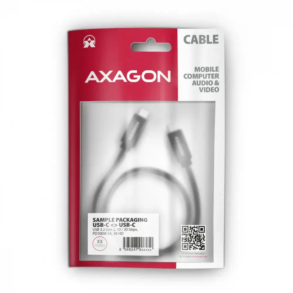 Axagon Duomenų ir įkrovimo USB 3.2 Gen 2 kabelis, ilgis 1 m. PD 100 W, 5 A, 4K HD vaizdo įrašas. Juodos spalvos pintas.