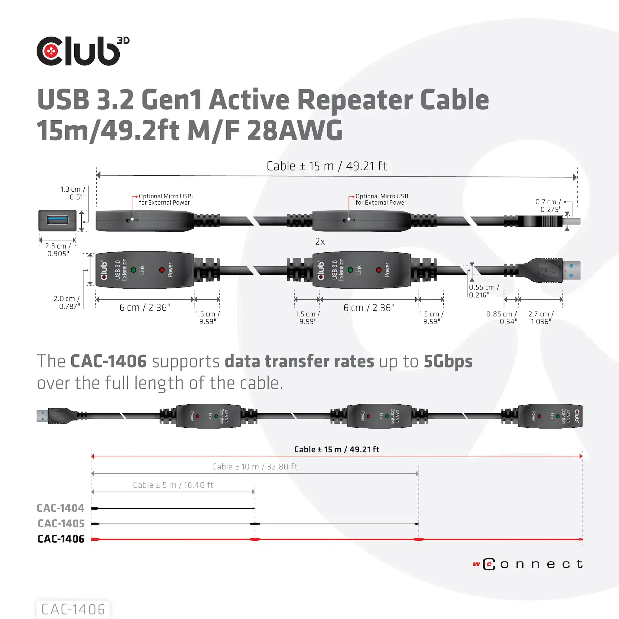 CLUB3D USB 3.2 Gen1 Active Repeater Cable 15m/ 49.2 ft M/F 28AWG, 15 m, USB A, USB A, USB 3.2 Gen 1 (3.1 Gen 1), Black