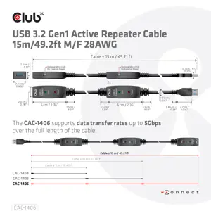 CLUB3D USB 3.2 Gen1 Active Repeater Cable 15m/ 49.2 ft M/F 28AWG, 15 m, USB A, USB A, USB 3.2 Gen 1 (3.1 Gen 1), Black