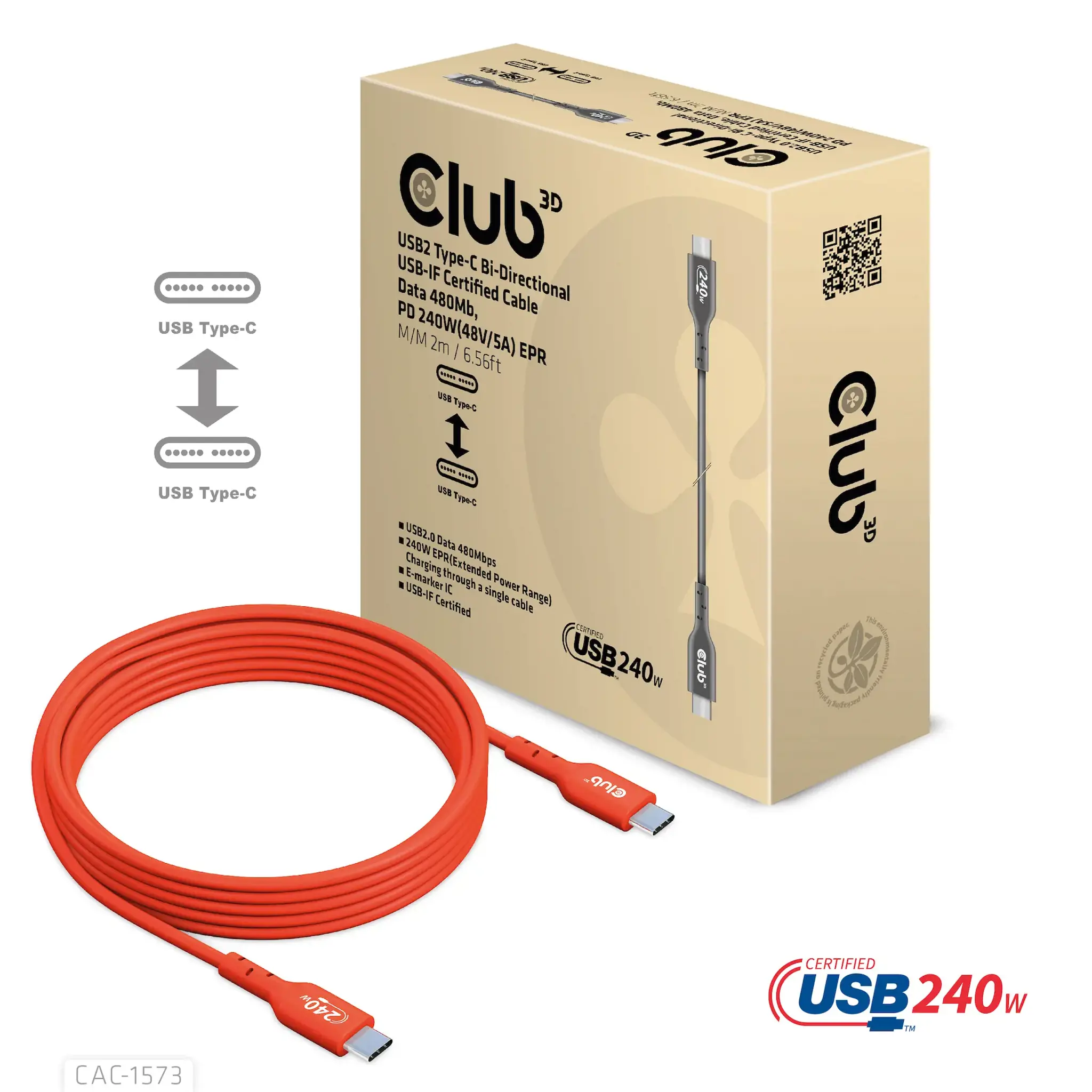 CLUB3D USB2 Type-C Bi-Directional Cable, Data 480Mb,PD 240W(48V/5A) EPR M/M 2m, 2 m, USB C, USB C, USB4 Gen 2x2, Red