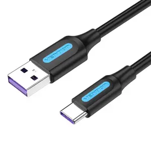 USB 2.0 A į USB-C 5A Vention CORBI 3 m juodas PVC kabelis