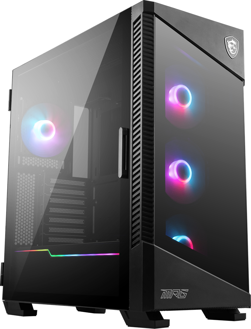 MSI MPG MPG VELOX 100R Mid Tower žaidimų kompiuterių korpusas "Juodas, 4x 120 mm ARGB ventiliatoriai, 1-6 ARGB šakotuvas, ARGB apšvietimo juosta, C tipo USB, grūdintas stiklas, centrinis, E-ATX, ATX, mATX, mini-ITX", Midi Tower, kompiuteris, juodas, ATX, žaidimų, 1x 120 mm