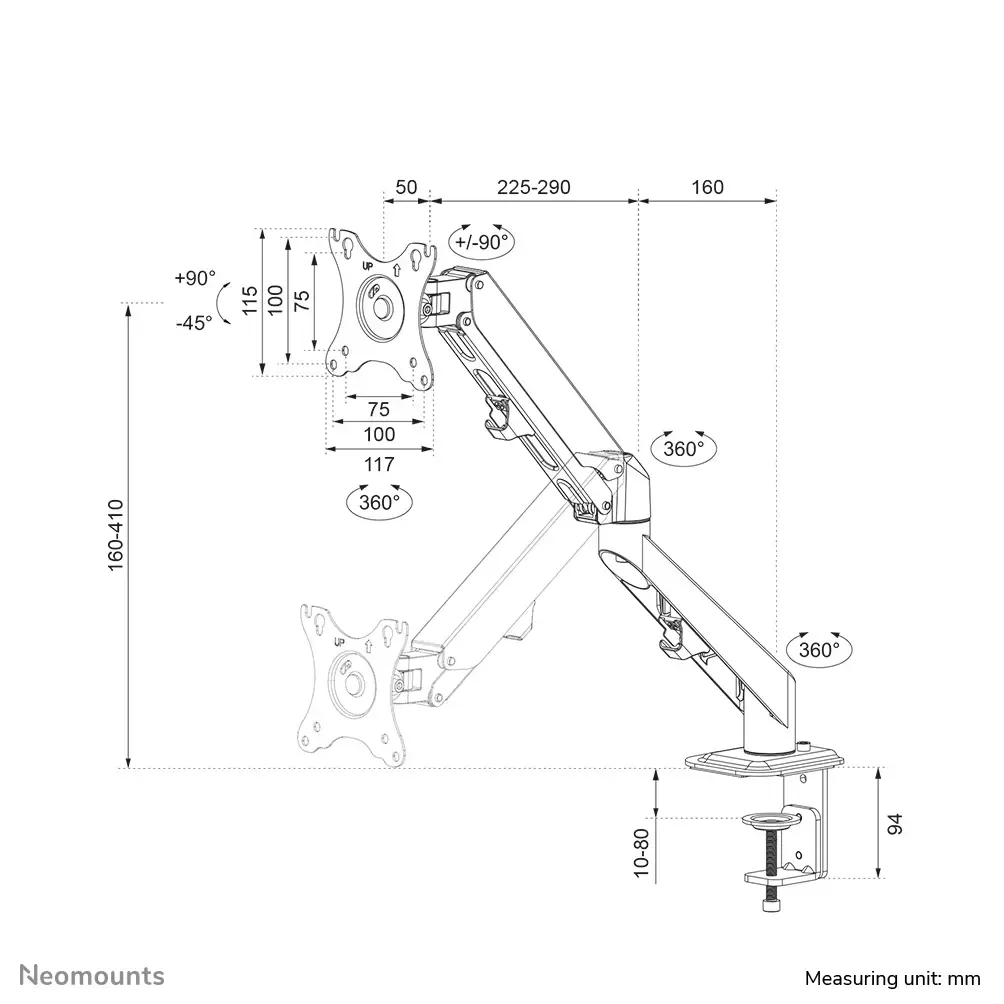 "Neomounts by Newstar" monitoriaus laikiklis ant stalo, spaustukas, 7 kg, 43,2 cm (17"), 68,6 cm (27"), 100 x 100 mm, juodas