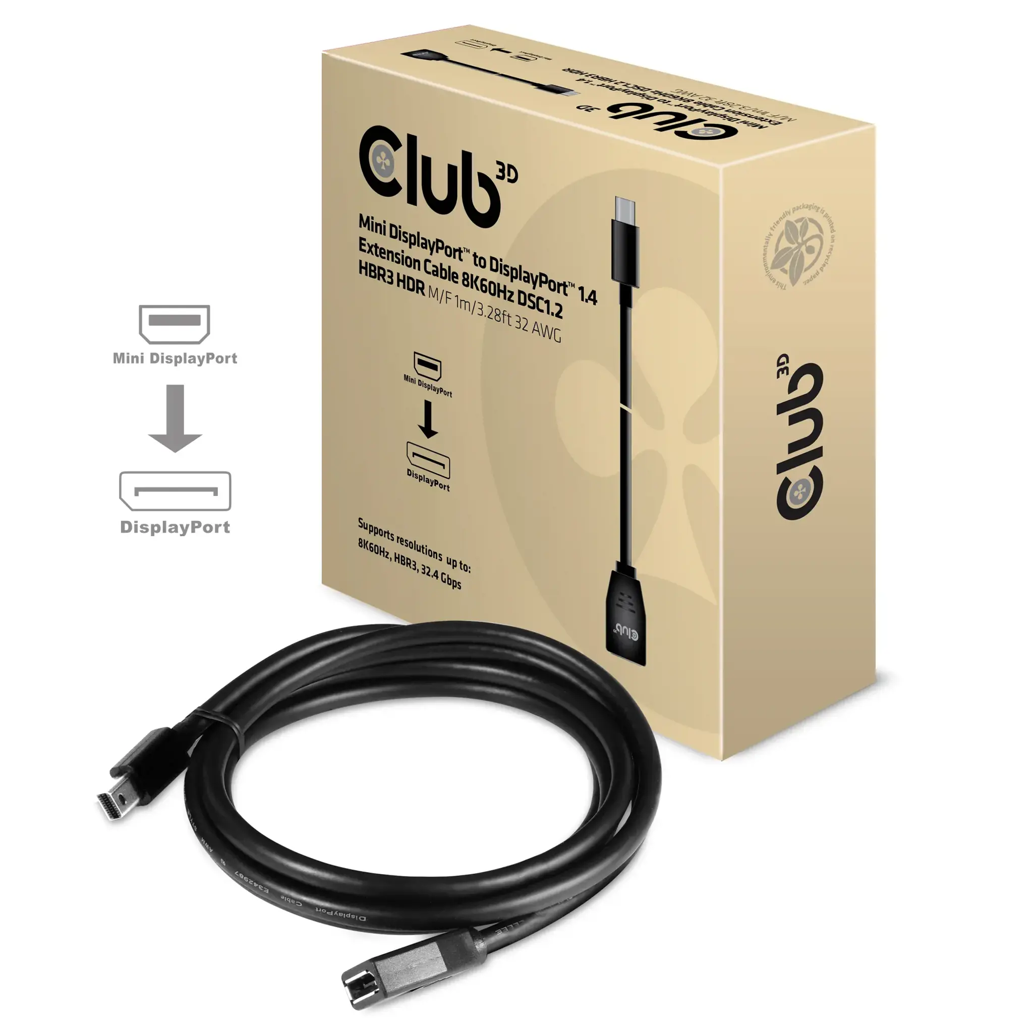 CLUB3D Minidisplay port 1.4 to Displayport extension cable 8k60hz M/F 1m/3.28ft