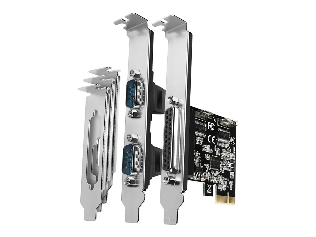 PCI-Express plokštė su vienu lygiagrečiuoju ir dviem nuosekliaisiais 250 kbps prievadais. ASIX AX99100. Standartinė ir žemo profilio.