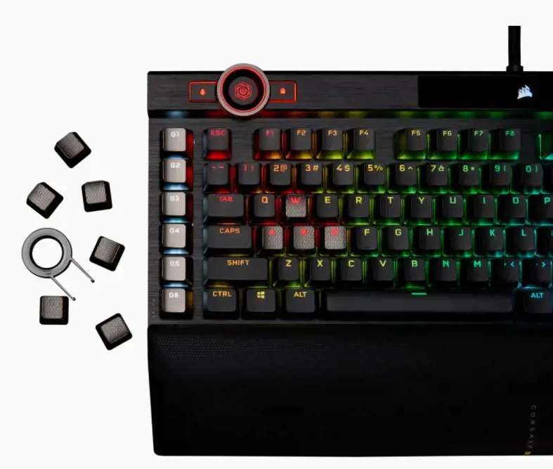 CORSAIR K100 RGB optinė mechaninė žaidimų klaviatūra su RGB LED apšvietimu CORSAIR OPX RAPIDFIRE juoda PBT klaviatūra