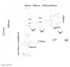 "Neomounts by Newstar" monitoriaus laikiklis ant stalo, tvirtinimas per stalą, 9 kg, 25,4 cm (10"), 76,2 cm (30"), 100 x 100 mm, sidabrinis