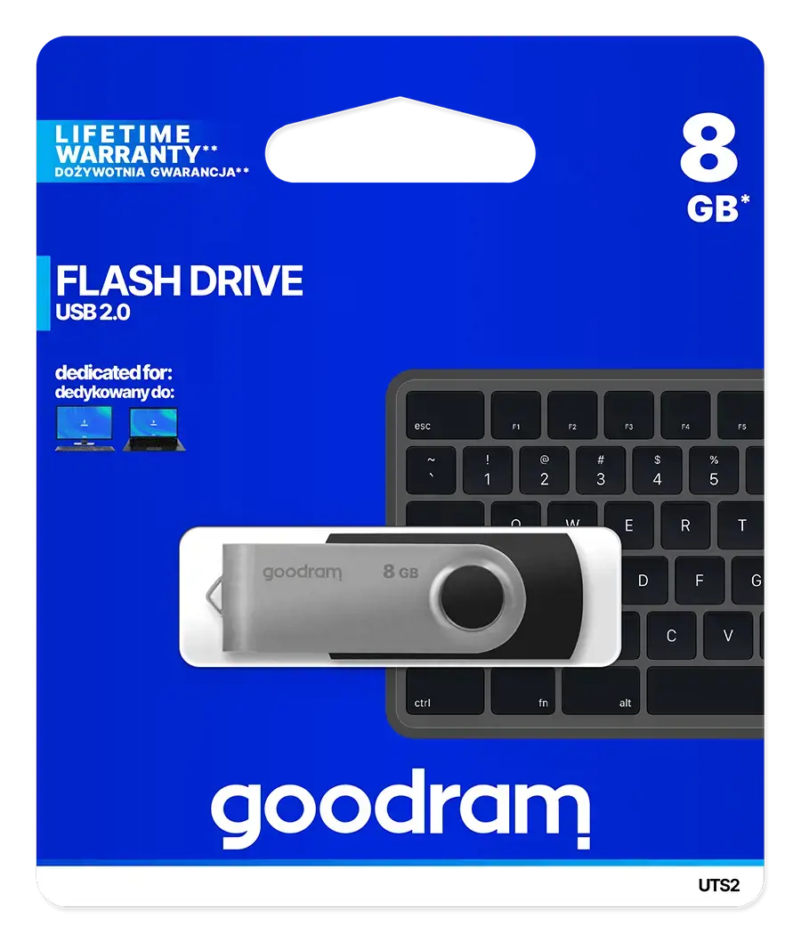 Goodram UTS2, 8 GB, USB Type-A, 2.0, 20 MB/s, Swivel, Black