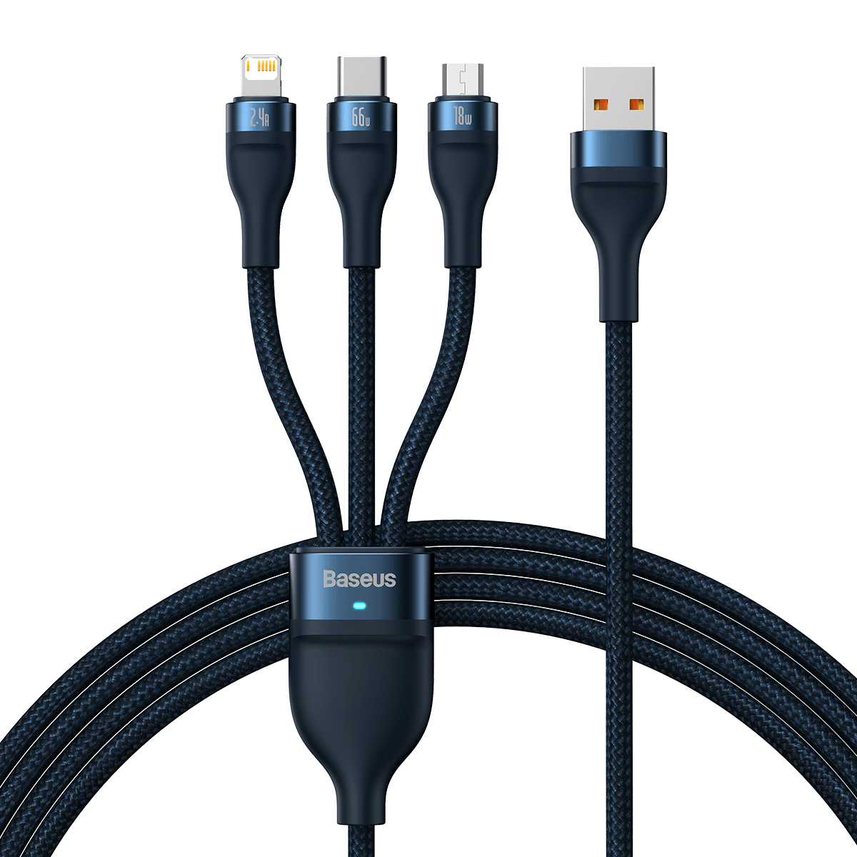 USB "3-in-1" laidas "Baseus Flash Series", USB-C + "micro USB" + "Lightning", 66 W, 1,2 m (mėlynas)