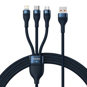 USB "3-in-1" laidas "Baseus Flash Series", USB-C + "micro USB" + "Lightning", 66 W, 1,2 m (mėlynas)